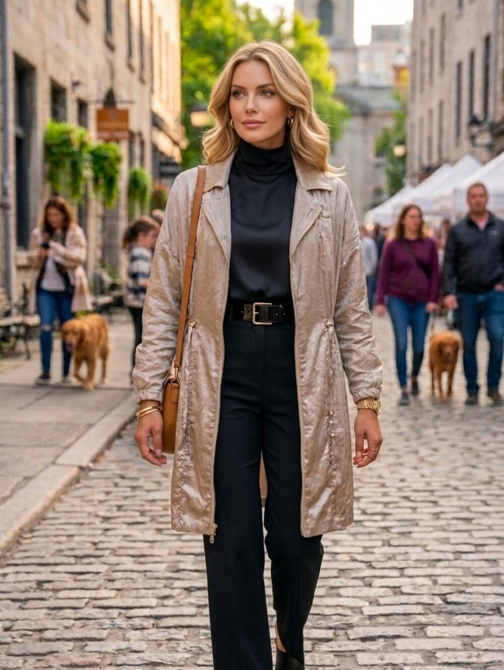 Metallic Gold Women's Trench Coat with Drawcord Waist